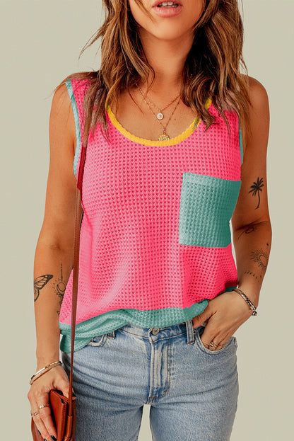 Strawberry Pink Color Block Patched Pocket Waffle Knit Tank Top