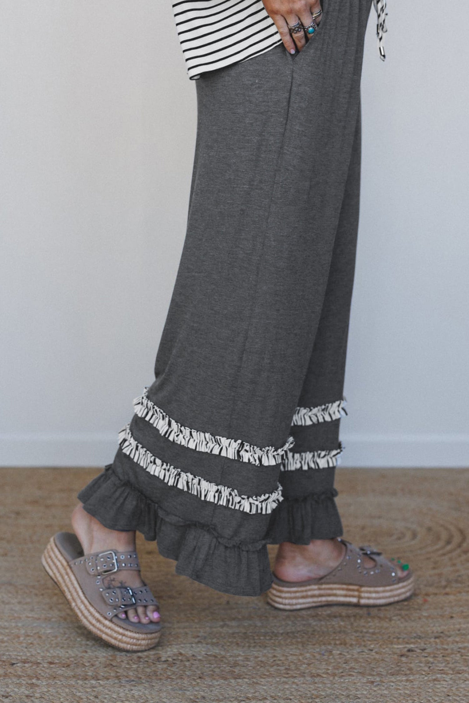 Gray Stripe V Neck Ruffle Contrast Sleeve Top Drawstring Pants 2pcs Set