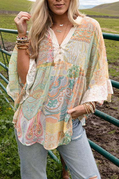 Multicolor Paisley Print Bell Sleeve Lace V-Neck Button Sheer Blouse