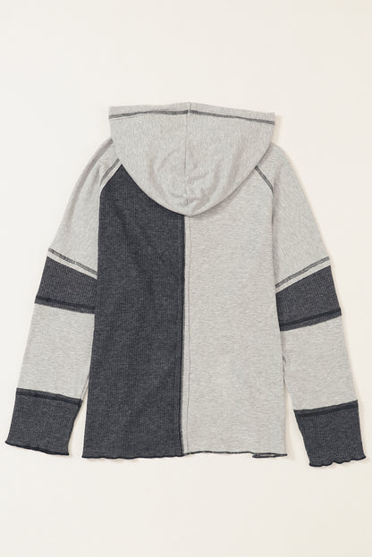 Gray Exposed Seam Ribbed Henley Hooded Long Sleeve Top