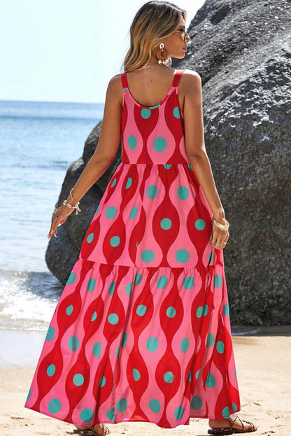 Red Abstract Dot Print Tiered Tank Maxi Dress