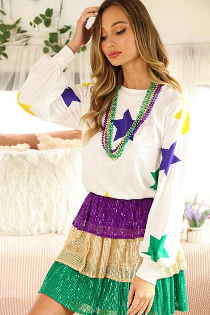 White Mardi Gras Star Print Long Sleeve Top