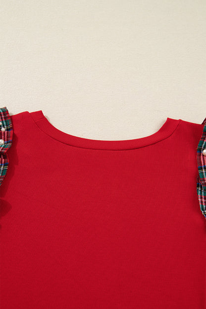 Racing Red Plaid Pearl Ruffled Sleeve Knitted Christmas Holiday Plus Size Top