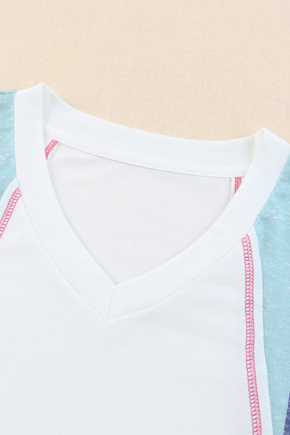 Pink Stripe Patchwork V Neck T Shirt