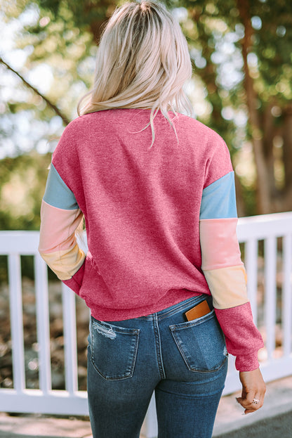 Rosy Color Block Casual Drop Sleeve Sweatshirt