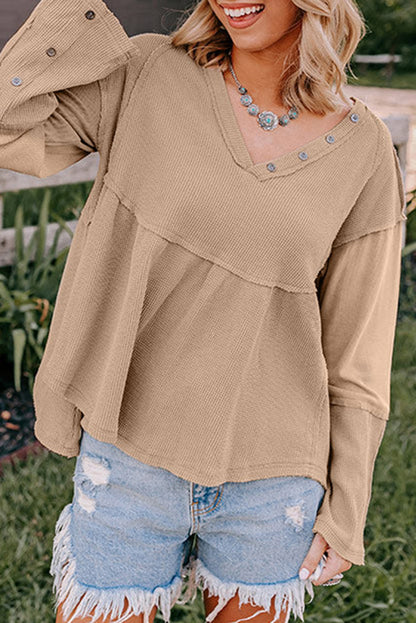 Light French Beige Waffle Patchwork Button Detail Exposed Seam Top