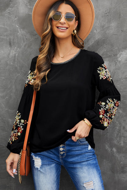 Black Flower Embroidered Jewel Neckline Long Sleeve Shirt