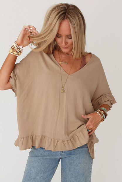 Light Beige Loose Ruffle Trim V Neck Blouse