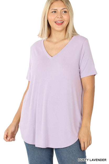 PLUS SHORT SLEEVE V-NECK ROUND HEM TOP