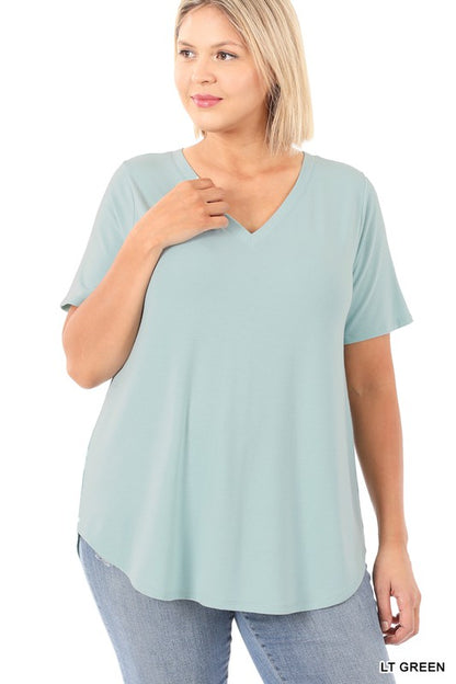 PLUS SHORT SLEEVE V-NECK ROUND HEM TOP