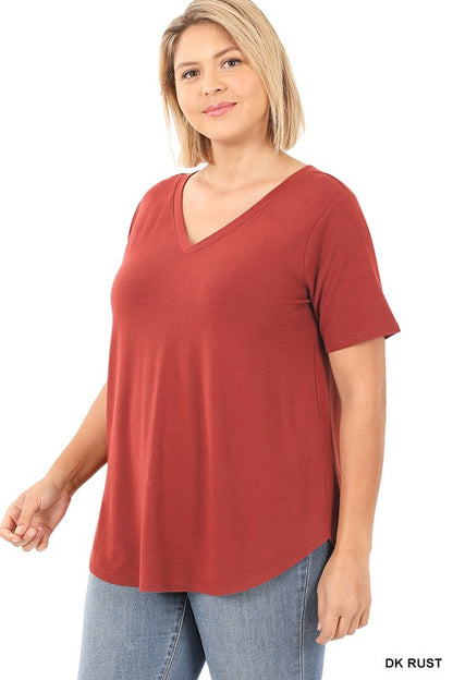 PLUS SHORT SLEEVE V-NECK ROUND HEM TOP