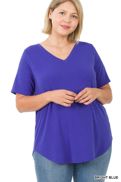 PLUS SHORT SLEEVE V-NECK ROUND HEM TOP