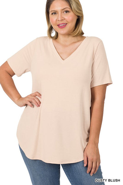 PLUS SHORT SLEEVE V-NECK ROUND HEM TOP