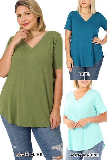 PLUS SHORT SLEEVE V-NECK ROUND HEM TOP