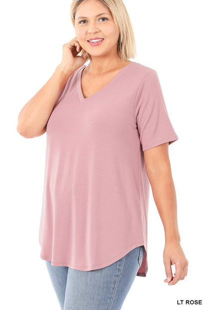 PLUS SHORT SLEEVE V-NECK ROUND HEM TOP