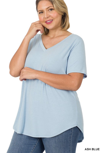 PLUS SHORT SLEEVE V-NECK ROUND HEM TOP