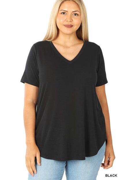 PLUS SHORT SLEEVE V-NECK ROUND HEM TOP