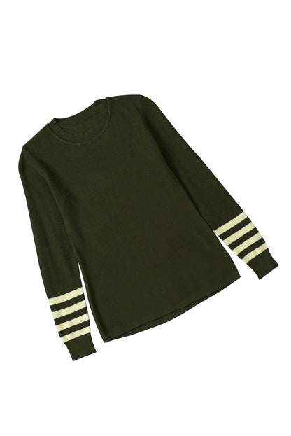 Rose Casual Crew Neck Striped Sleeve Knit Sweater