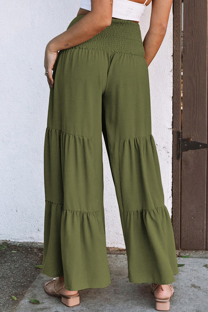 Khaki Lace Up Smocked Waist Tiered Wide Leg Pants