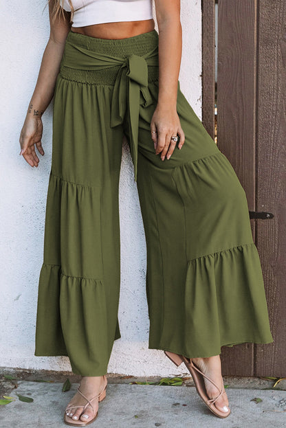 Khaki Lace Up Smocked Waist Tiered Wide Leg Pants