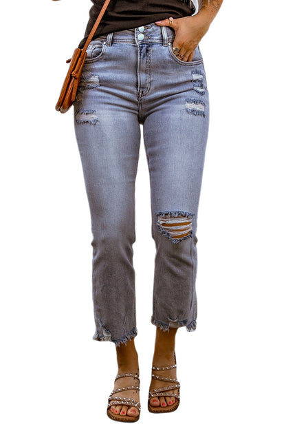 Distressed Raw Hem Buttoned Jeans