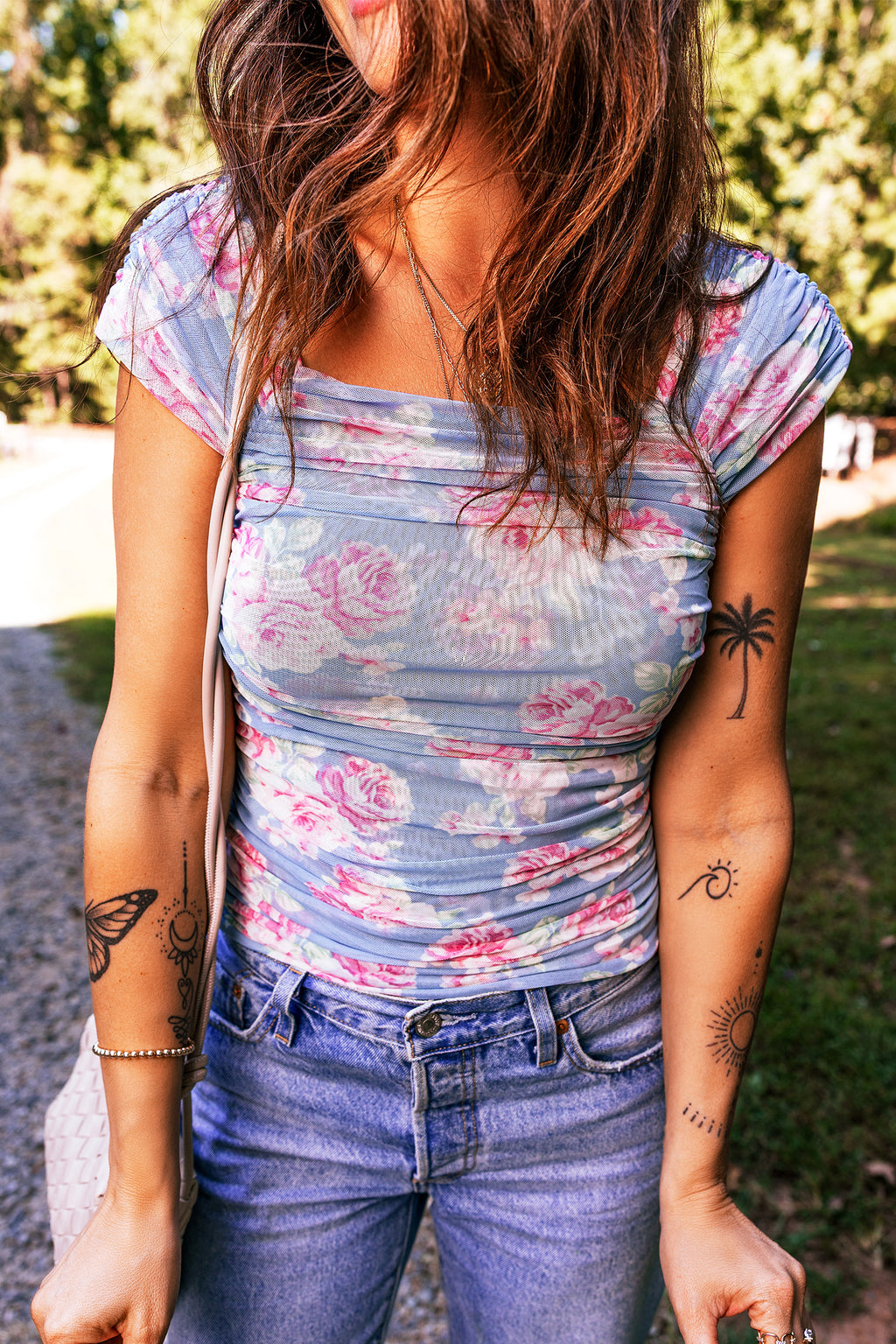 Sky Blue Square Neck Cap Sleeve Ruched Floral Mesh Top
