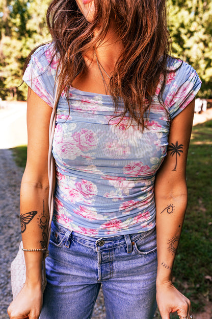 Sky Blue Square Neck Cap Sleeve Ruched Floral Mesh Top