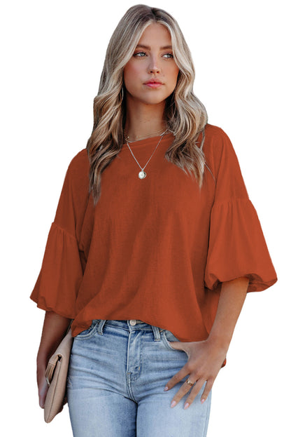 Orange Solid Color Casual Bishop Sleeve Blouse