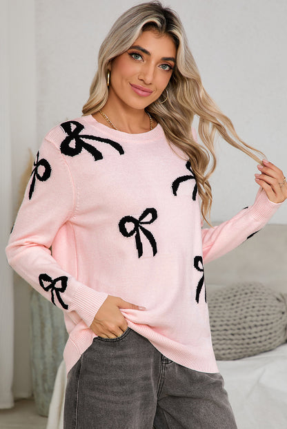 Light Pink Bow Print Long Sleeve Loose Fit Sweater