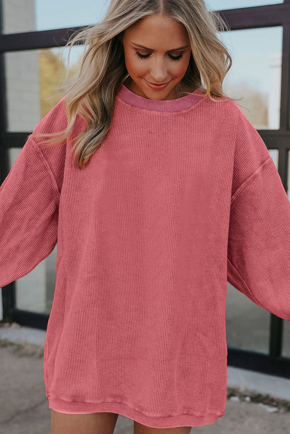 Orange Plain Drop Sleeve Rib-Knit Oversized Sweatshirt