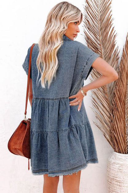 Gray Button Up Short Sleeve Denim Shirt Dress