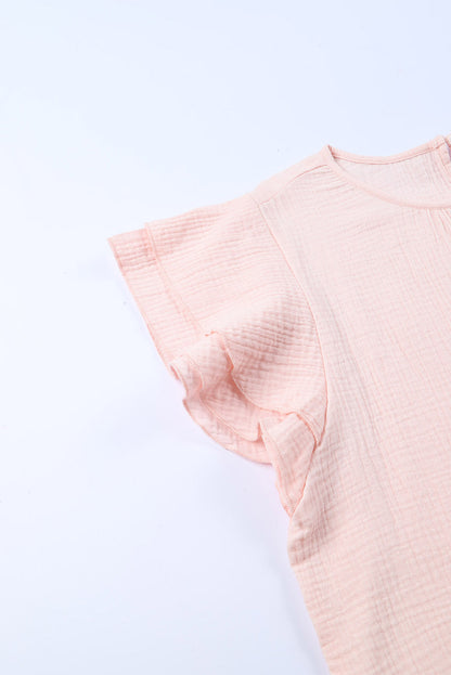 Rosy Crinkled Ruffle Casual Short Sleeve Blouse