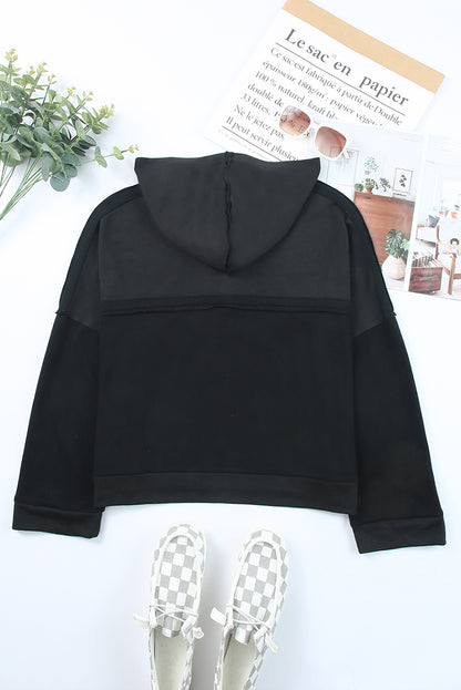 Black Button Front Plain Pullover Hoodie