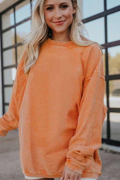 Orange Plain Drop Sleeve Rib-Knit Oversized Sweatshirt