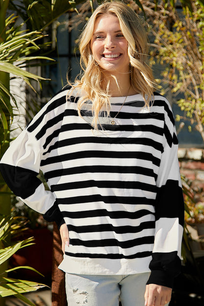 Blue Striped Casual Drop Shoulder Pullover Sweatshirt