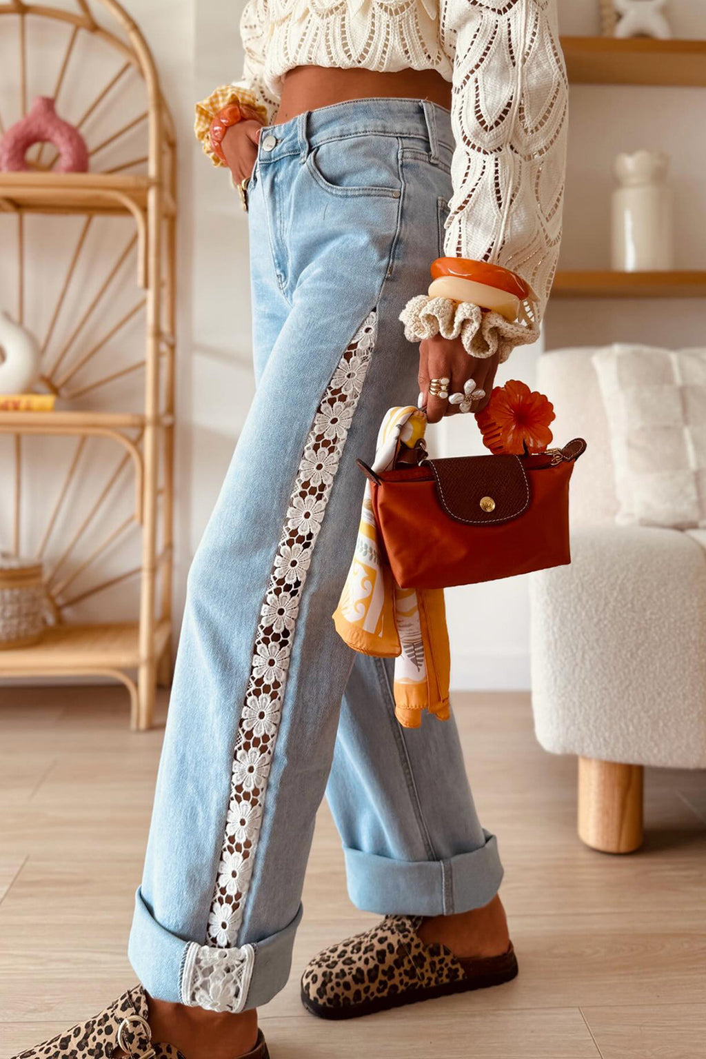 Beau Blue Hollowed Lace Patchwork Full-Length Jeans