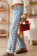 Beau Blue Hollowed Lace Patchwork Full-Length Jeans