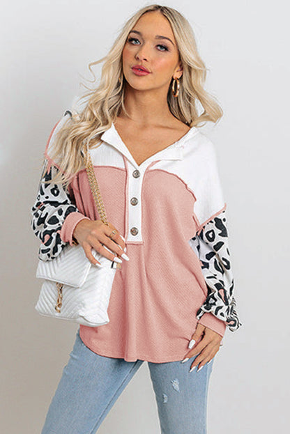 Pink Waffle Knit Leopard Sleeve Patchwork Henley Top