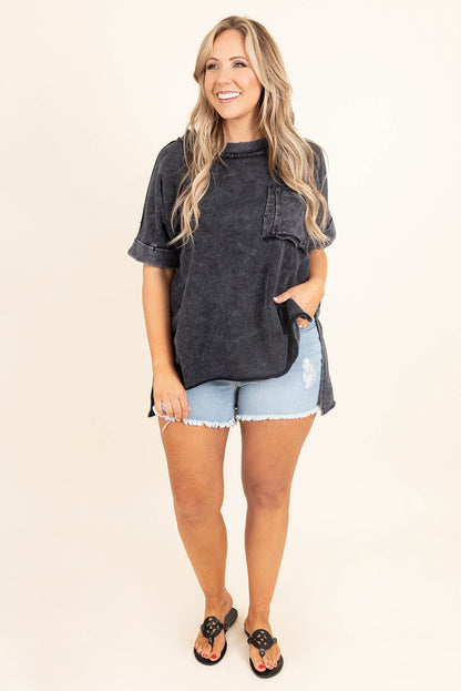 Gray Mineral Wash Distressed Slit Patch Pocket Oversize Tee