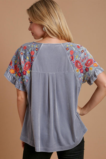 Umgee Velvet Embroidery Short Sleeve Blouse