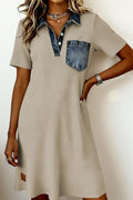 Beige Short Sleeve Ribbed Knit Denim Patchwork Polo Collar Dress