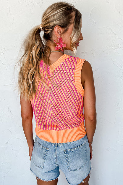 Strawberry Pink Contrast Chevron V Neck Knitted Vest