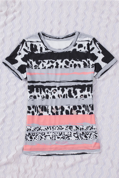 Cow Leopard Striped O-Neck Western Tee