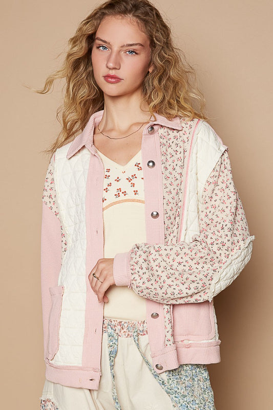 POL Floral Exposed Seam Button Up Quilted Jacket