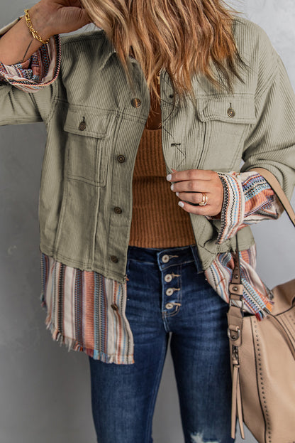 Beige Button Up Pockets Striped Color Block Corduroy Jacket