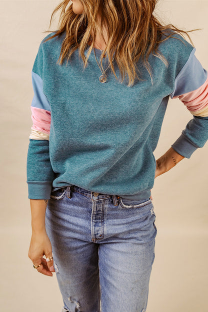 Rosy Color Block Casual Drop Sleeve Sweatshirt