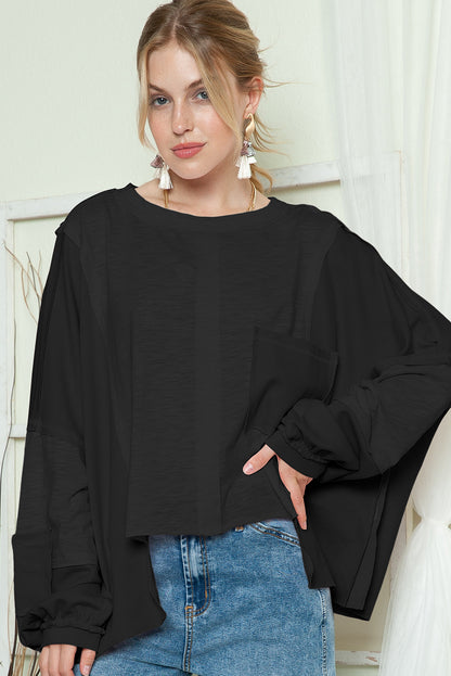 Green Splicing Long Sleeve Pocketed Oversized Top