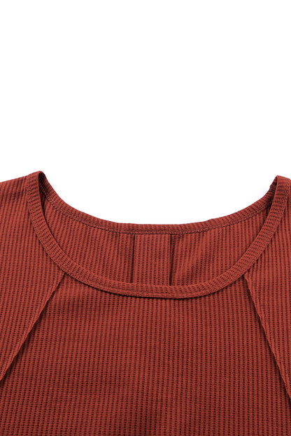 Red Waffle Knit Patchwork Casual Long Sleeve Top