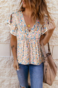Khaki Printed Crisscross Decor V Neck Flutter Sleeve Dress