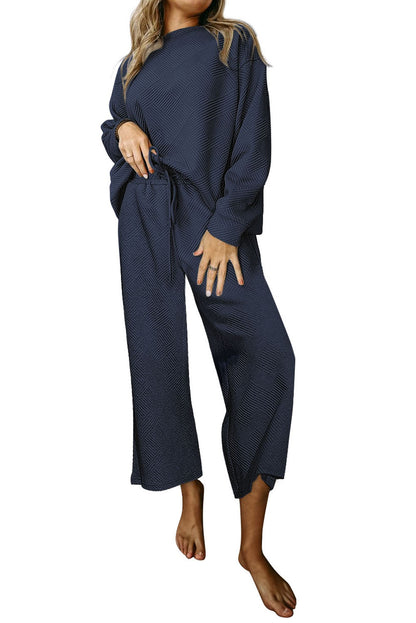 Navy Blue Textured Loose Slouchy Long Sleeve Top and Pants Set